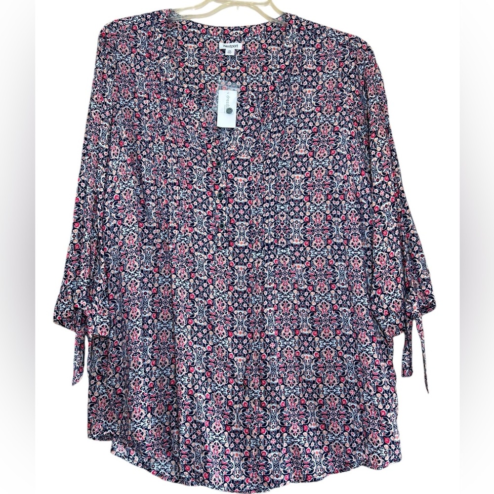 NWT Westport navy pink peach white tile print tie sleeve peasant top size 2X